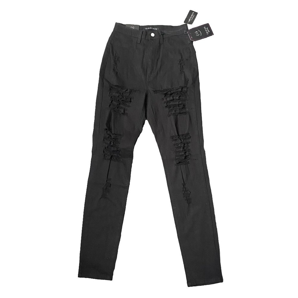Fashion Nova NWT Women's High Waist Black Skinny Destroyed Denim Jeans Size 11
